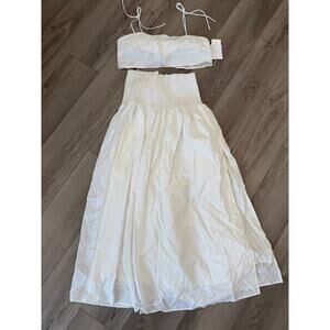 Commense Cotton White Shirred Waist Split Thigh Flowy Boho Skirt Set L